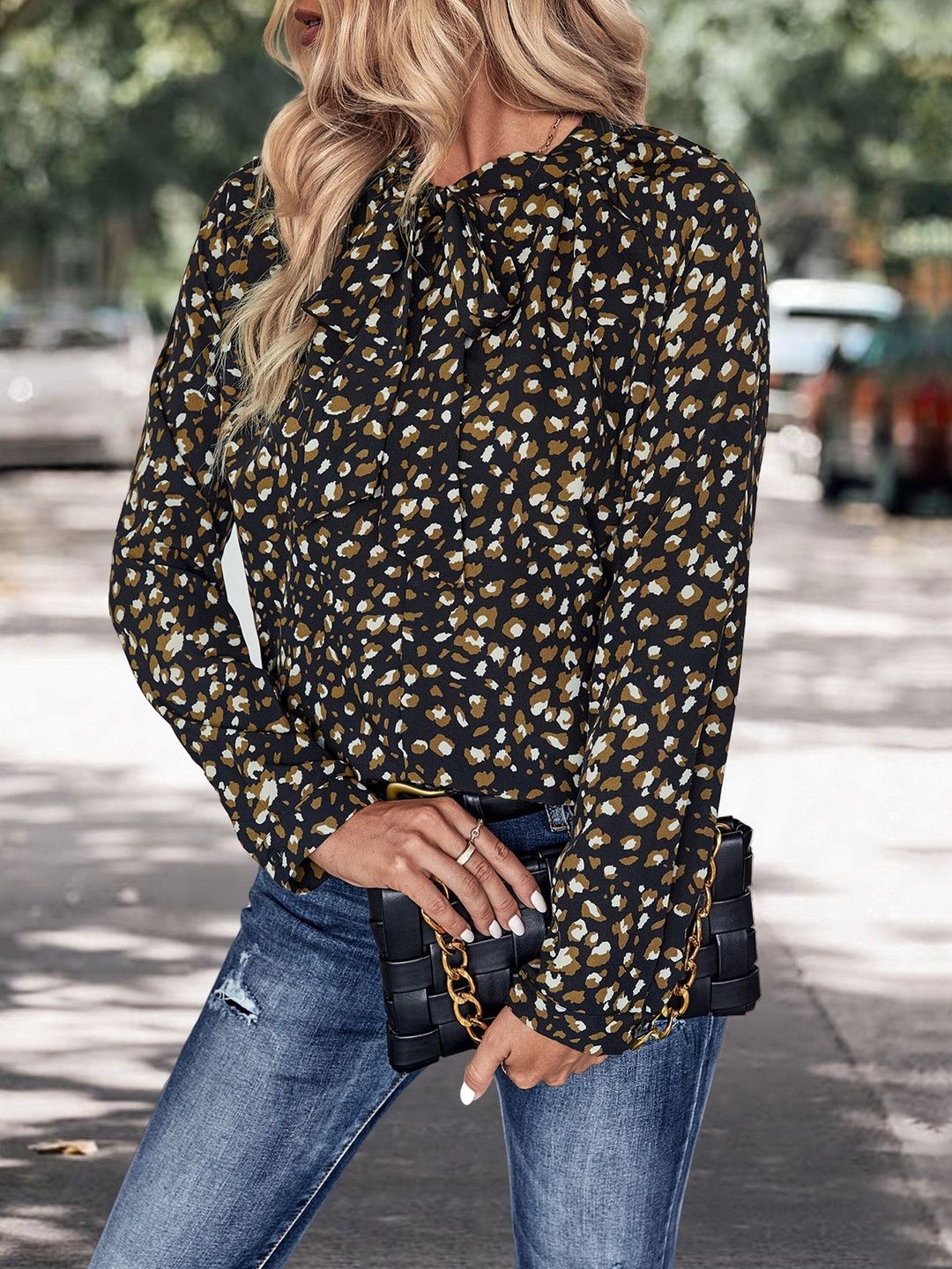 Women's Black Animal Print Tie-Up Neck Top