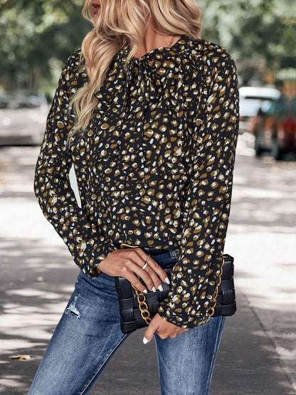 Women's Black Animal Print Tie-Up Neck Top