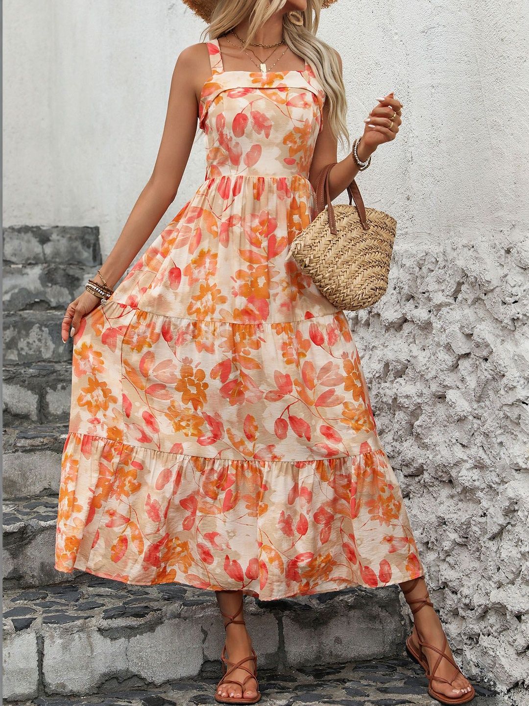 Floral Print Halter Neck Ruffled A-Line Midi Dress