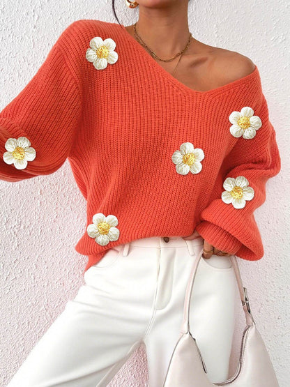 Women Ribbed Pullover with Embroidered Detail