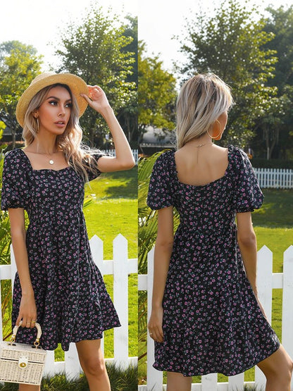 Floral Print Puff Sleeve Fit & Flare Dress