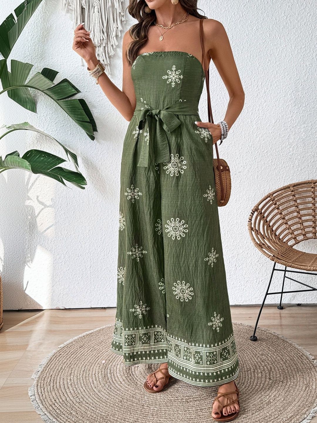 Linen Strapless Printed Basic Jumpsuit with Embroidered