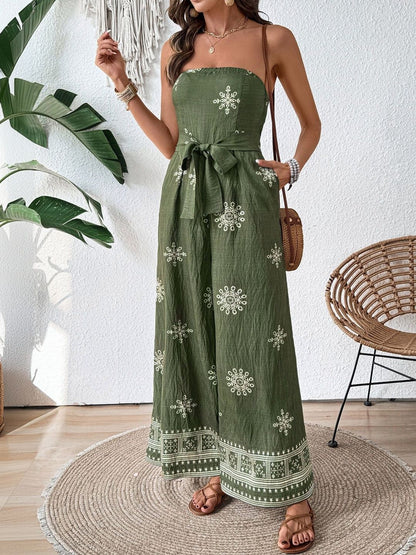 Linen Strapless Printed Basic Jumpsuit with Embroidered