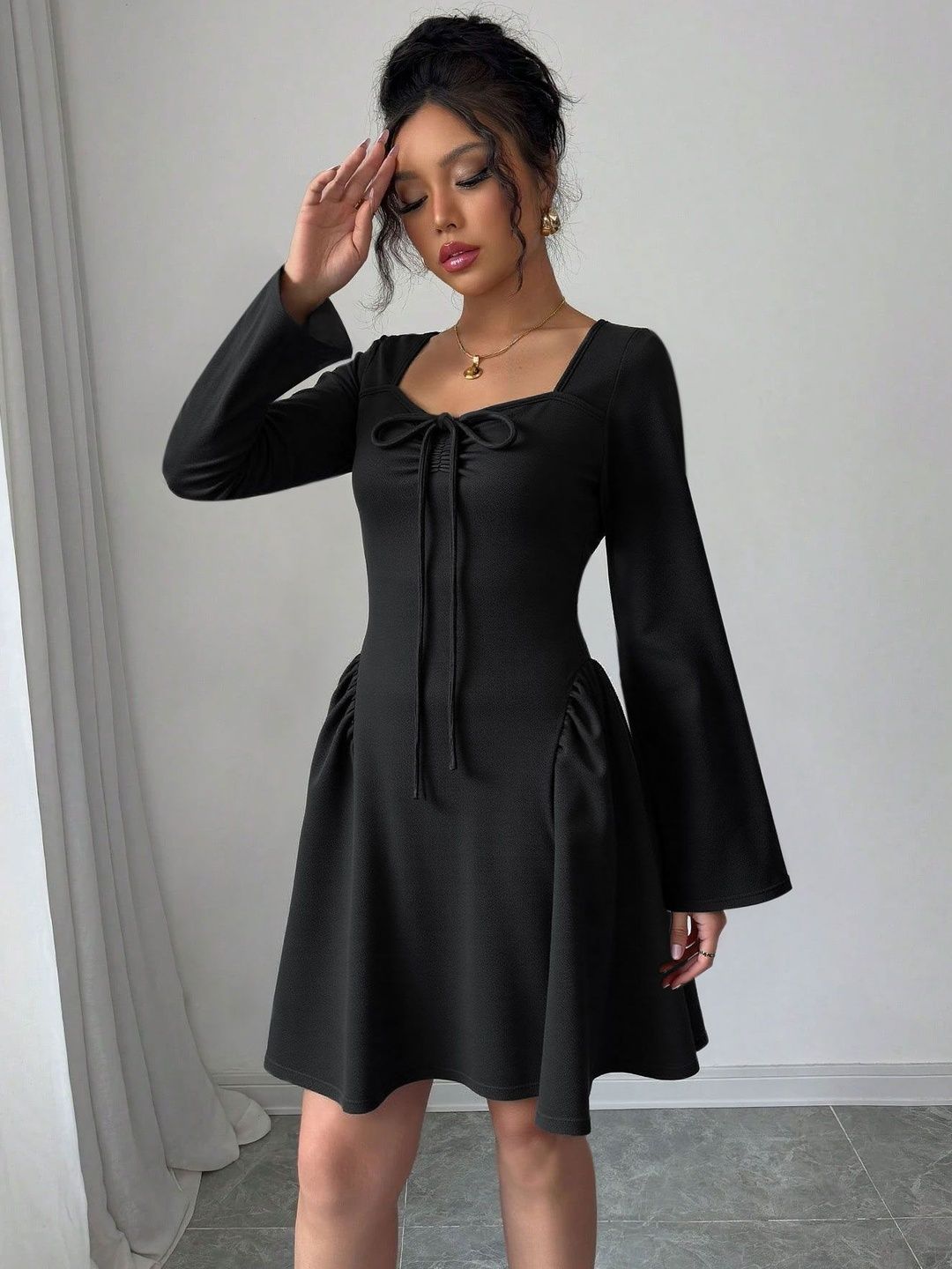 Women's Black Fit & Flare Dress Blend Printed