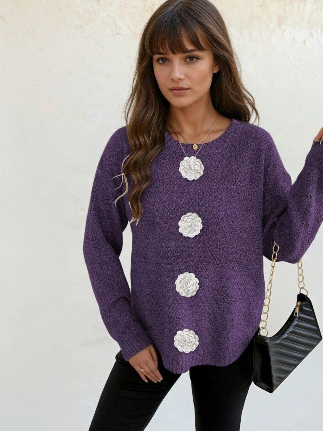 Pullover with Applique Detail in Purple acrylic - Nowi Korean Fashion