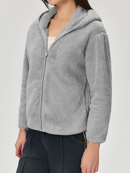 Women's Grey Lightweight Open Front Zip Up Hooded Jacket