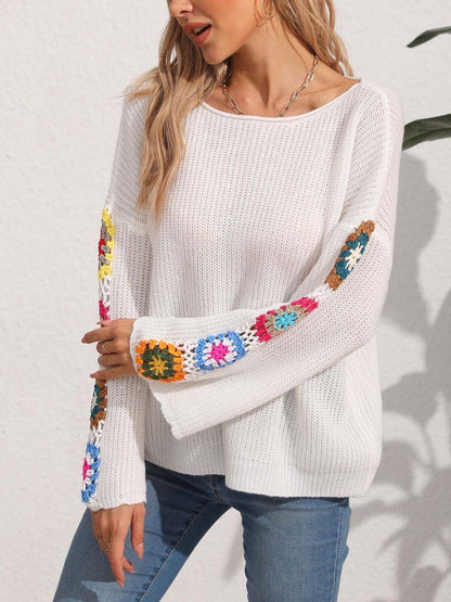 Women Colourblocked Ribbed Pullover with Embroidered Detail