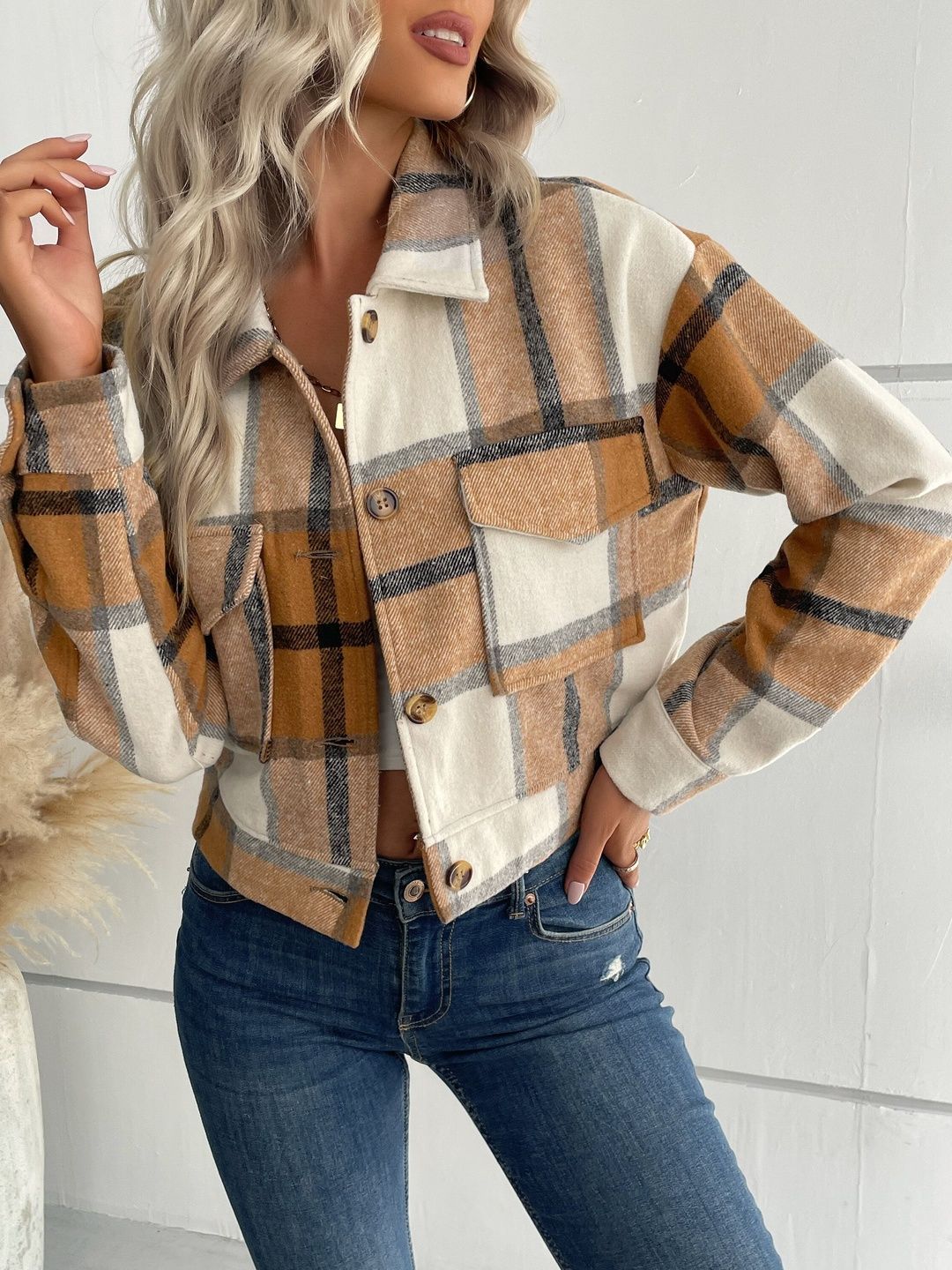 Women Checked Crop Tailored Jacket