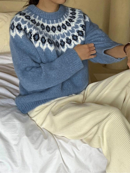 Fair Isle Printed Pullover in Blue - Nowi Korean Fashion