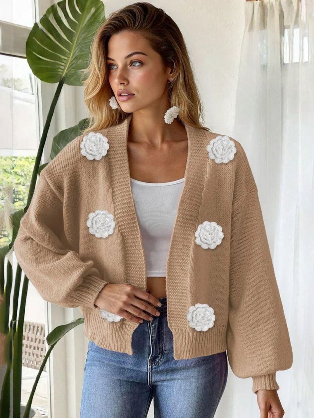 Cardigan with Applique Detail in Brown acrylic Long Sleeve - Nowi Korean Fashion