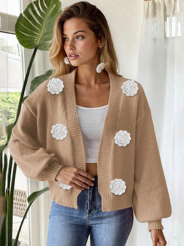 Cardigan with Applique Detail in Brown acrylic Long Sleeve - Nowi Korean Fashion