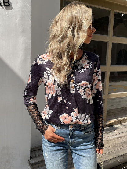 Floral Printed T-shirt in Black Cotton - Nowi Korean Fashion
