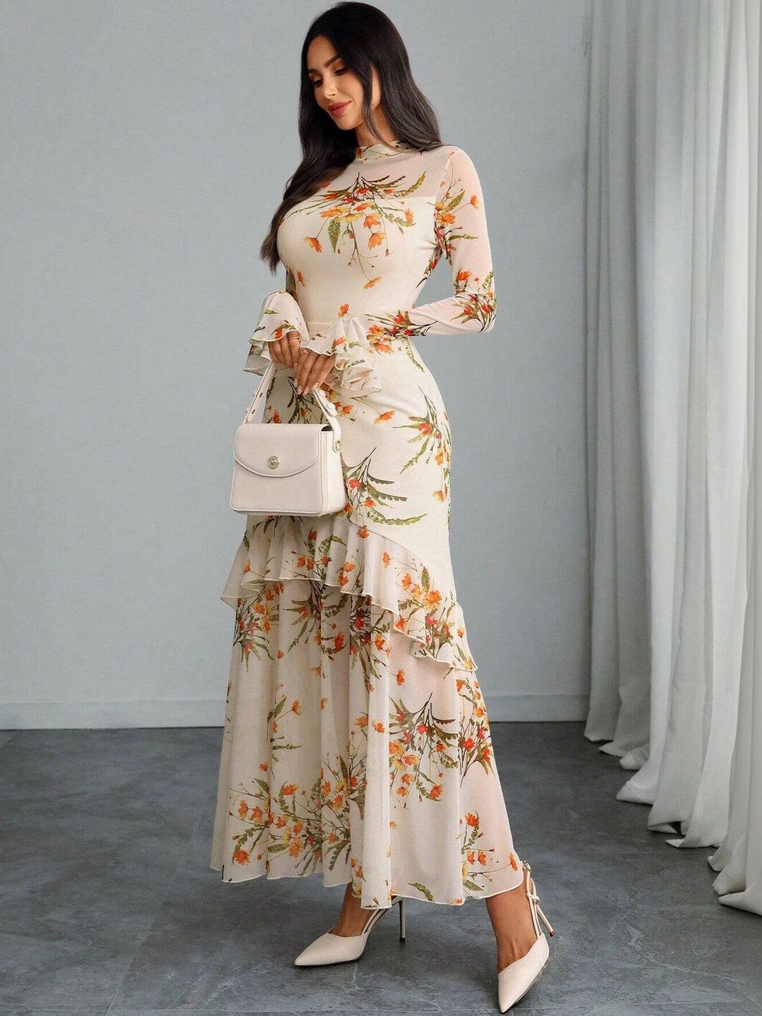 Floral Print Flared Sleeve Ruffled Maxi Dress