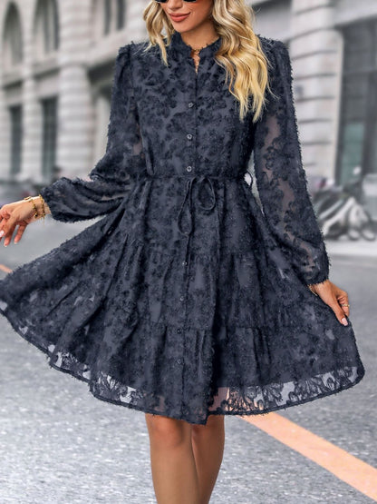 Women's Black Puff Sleeve A-Line Dress Blend Printed