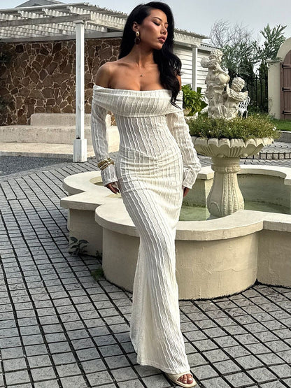 Off-Shoulder Linen Sheath Maxi Dress - Nowi Korean Fashion