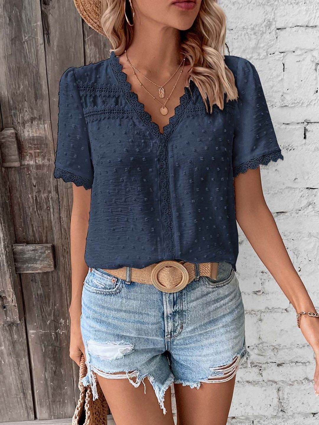 V-Neck Self Design Top - Nowi Korean Fashion
