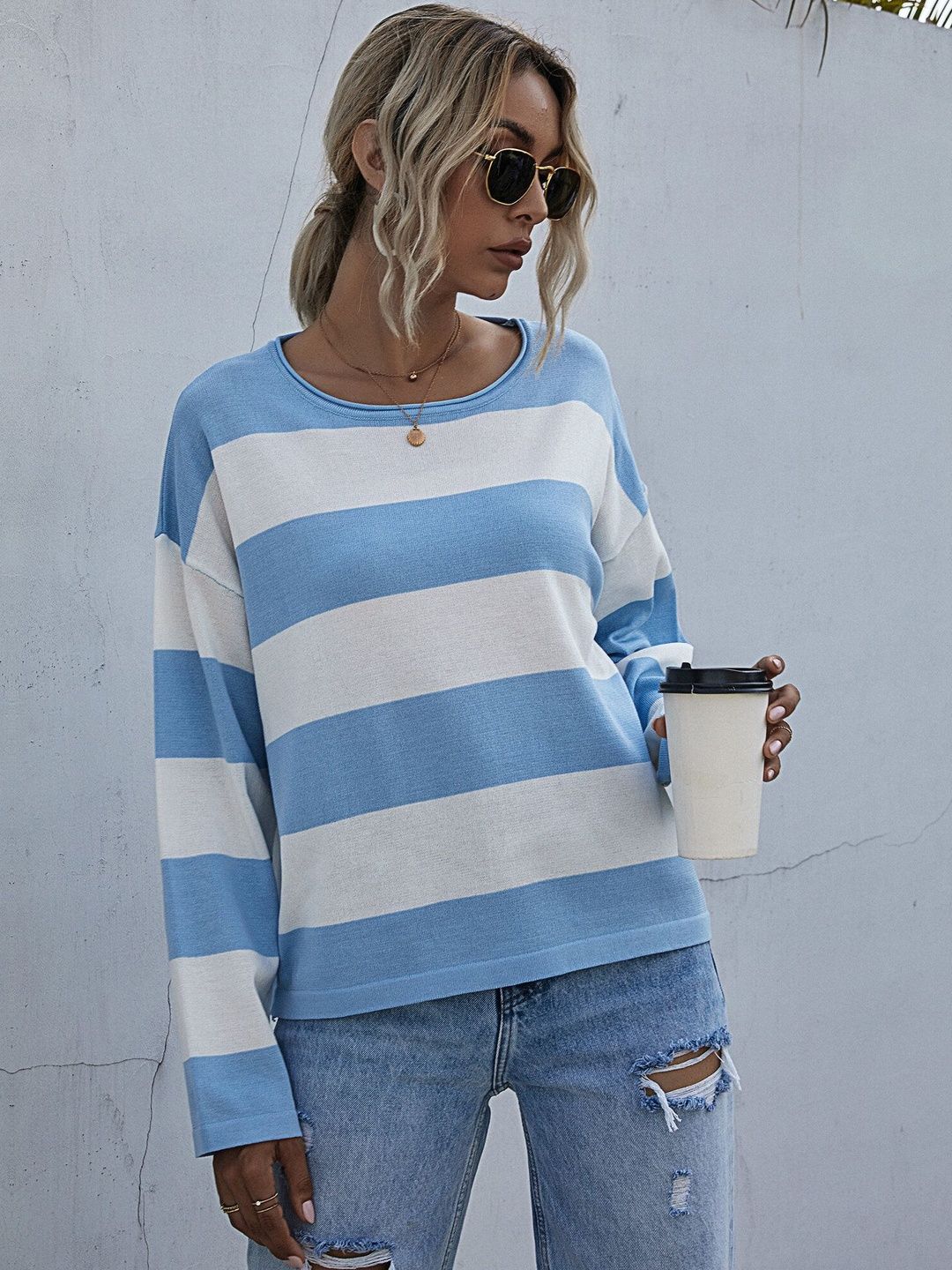 Women's Blue Striped Pullover Blend Regular Fit
