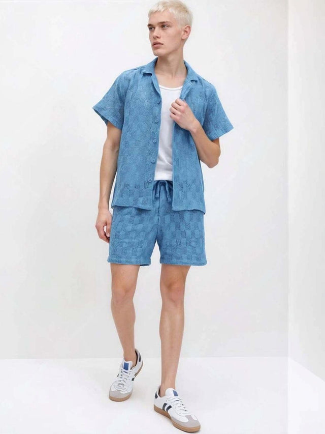 Woven Design Shirt with Shorts in Blue Cotton - Nowi Korean Fashion