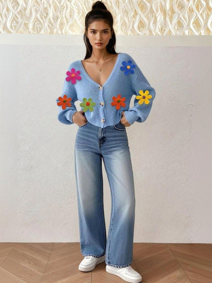 Colourblocked Ribbed Crop Cardigan with Applique Detail in Blue acrylic - Nowi Korean Fashion