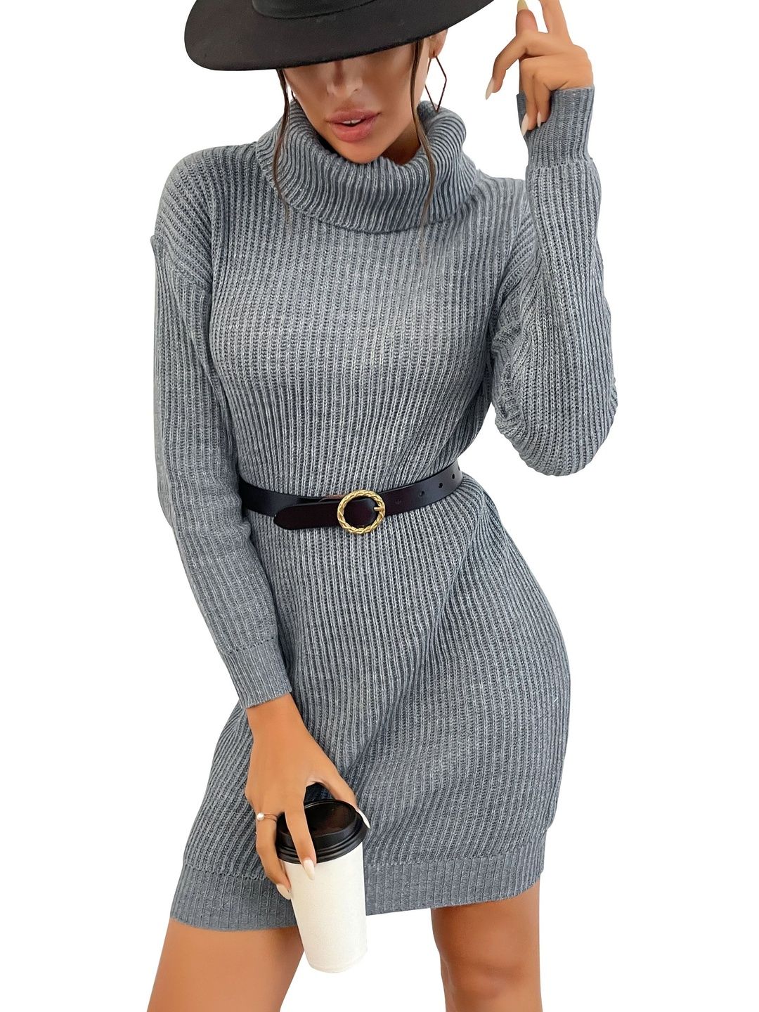 Women's Grey Ribbed Pullover Blend Printed Regular Fit