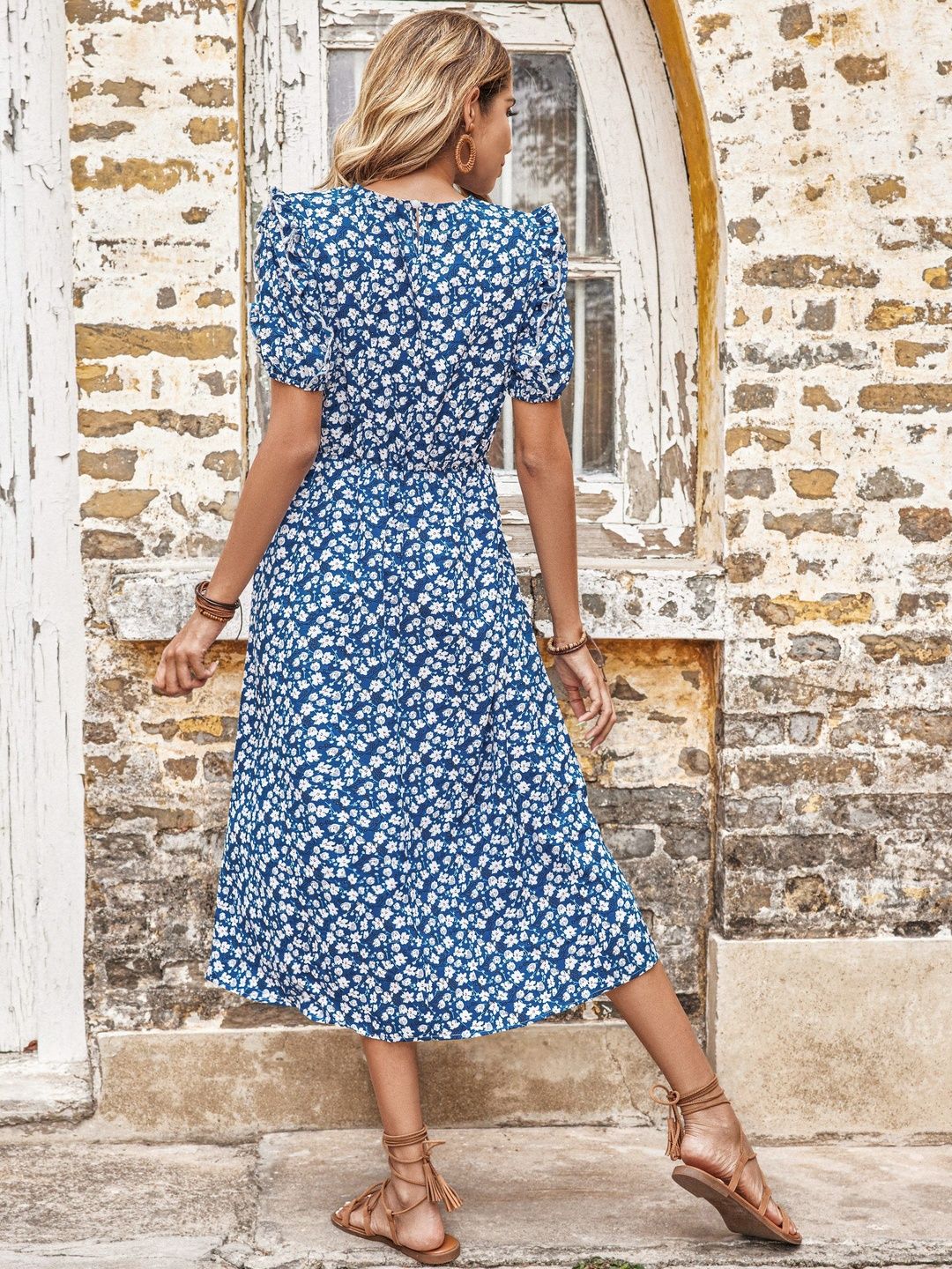 Floral Print Puff Sleeve A-Line Midi Dress