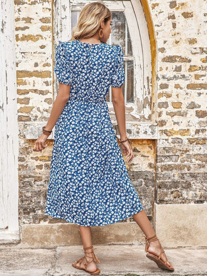 Floral Print Puff Sleeve A-Line Midi Dress