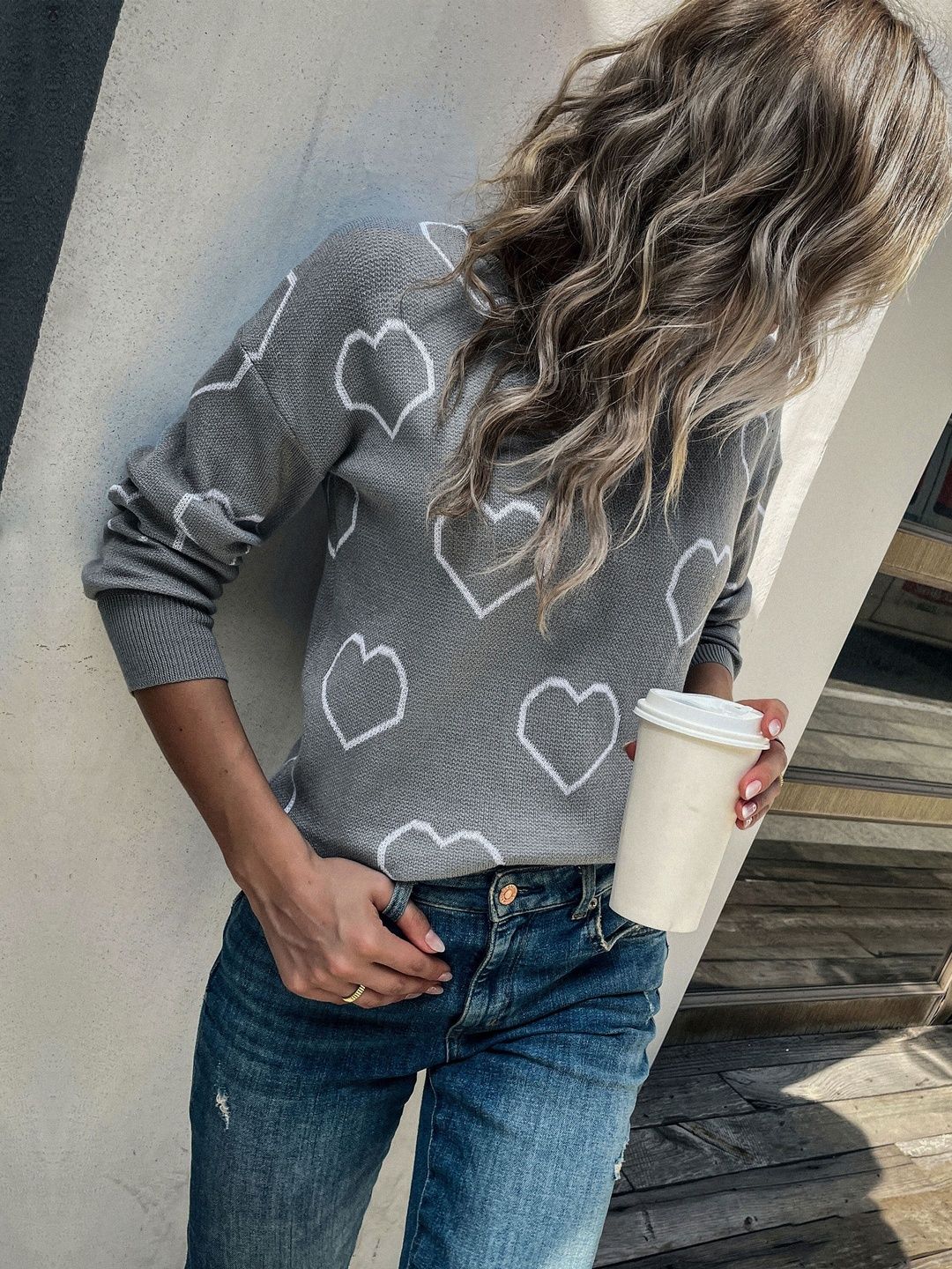 Women's Grey Printed Pullover Blend Regular Fit