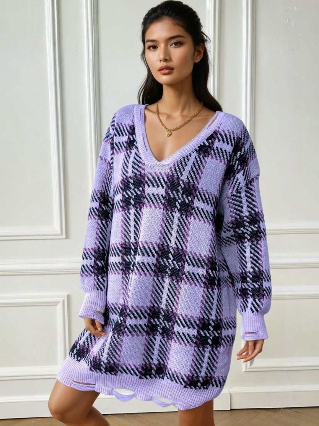 Checked Pullover with Fringed Detail in Purple acrylic - Nowi Korean Fashion