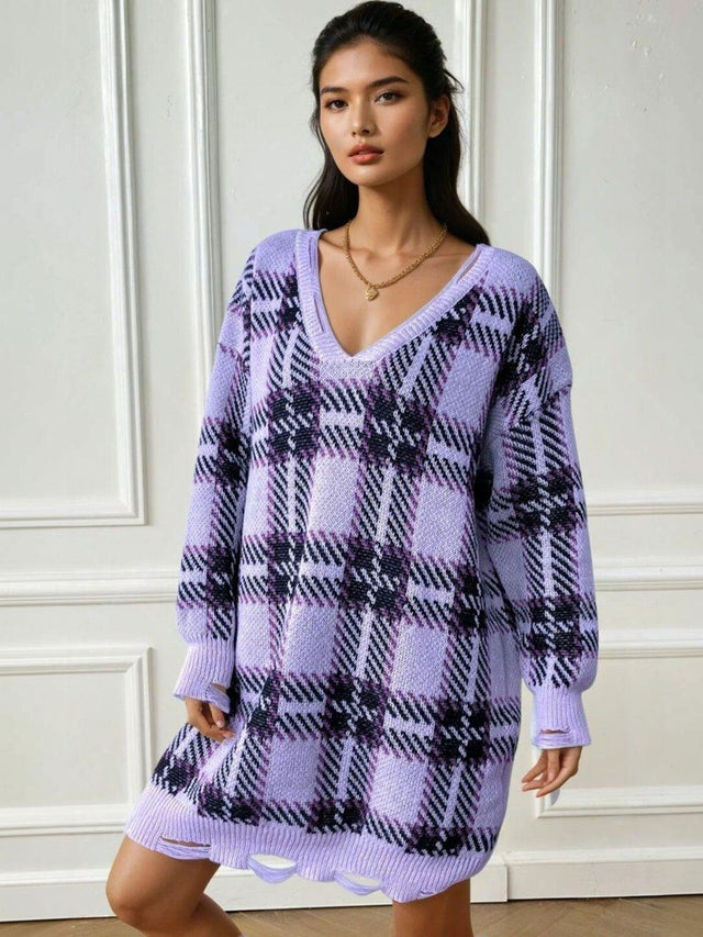 Checked Pullover with Fringed Detail in Purple acrylic - Nowi Korean Fashion