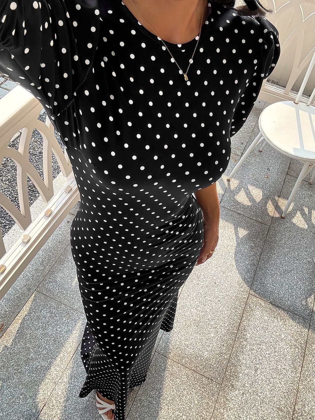 Women's Black Polka Dot Print Puff Sleeve Sheath Maxi Dress