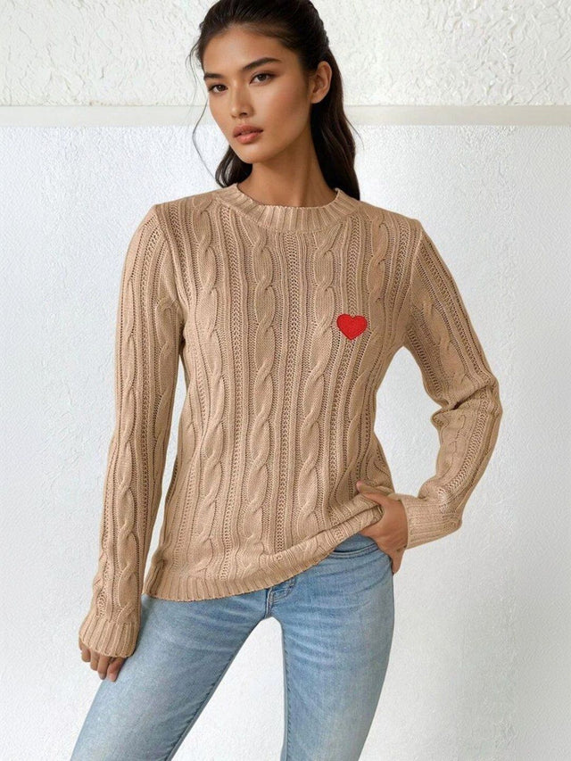 Cable Knit Pullover with Embroidered Detail in Brown acrylic Long Sleeve - Nowi Korean Fashion