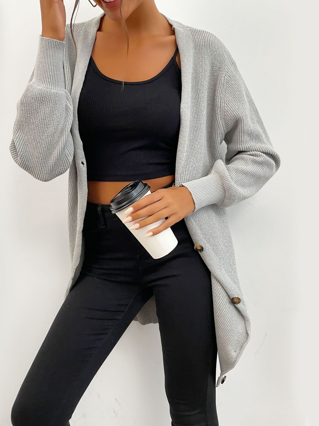 Women's Grey Ribbed Cardigan Blend Printed Regular Fit
