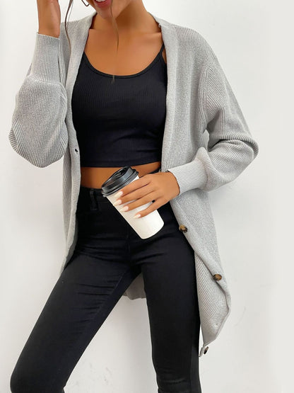 Women's Grey Ribbed Cardigan Blend Printed Regular Fit