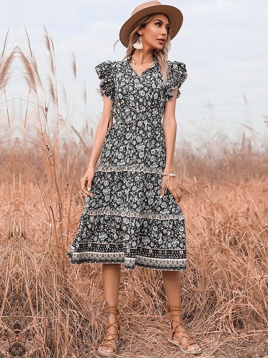 Floral Print Flutter Sleeve Fit & Flare Midi Dress
