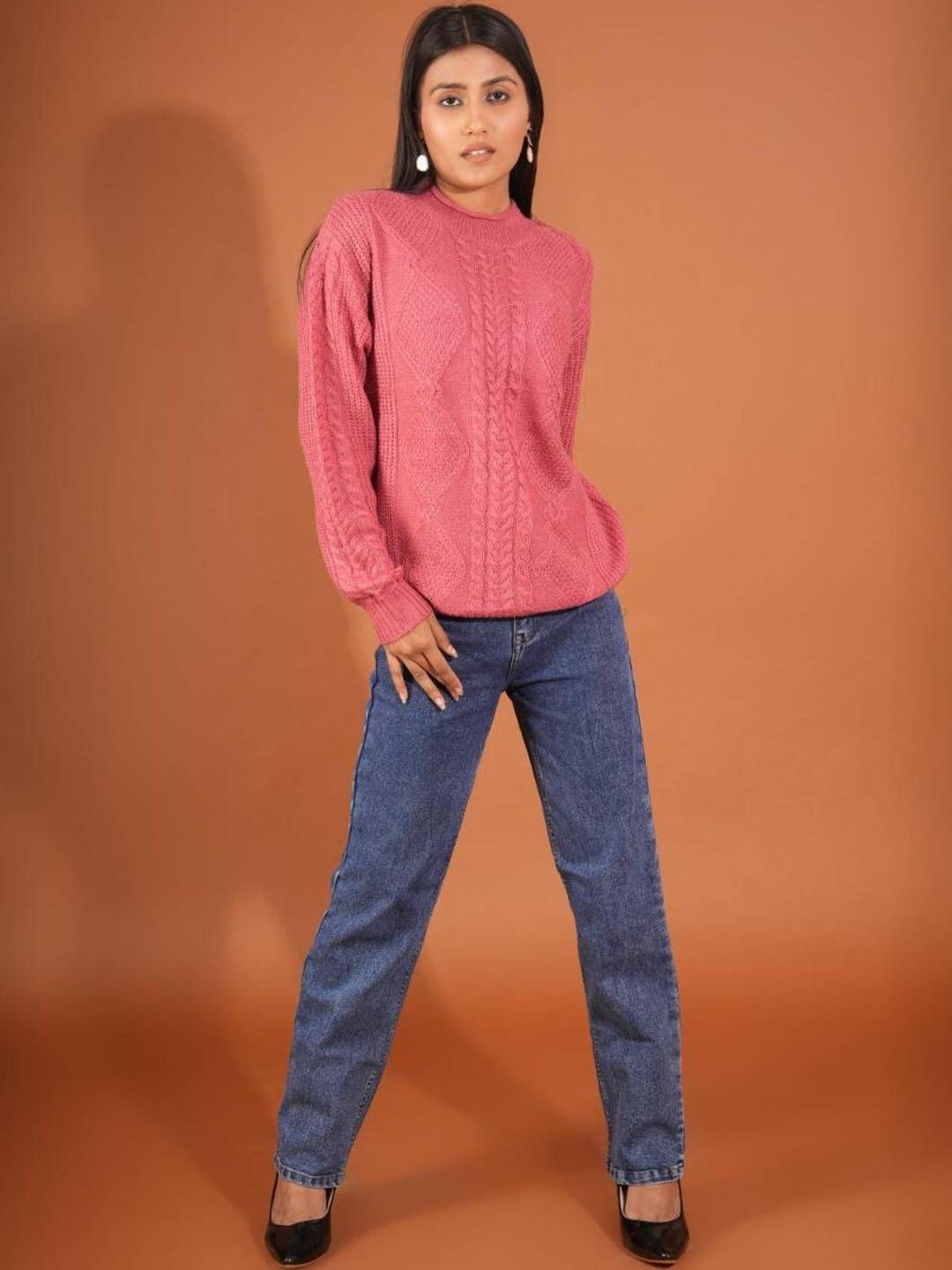 Cable Knit Woollen Pullover in Pink - Nowi Korean Fashion