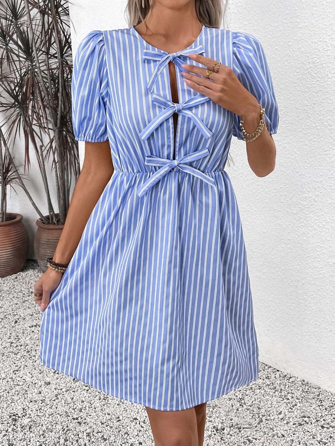 Striped Puff Sleeve A-Line Dress