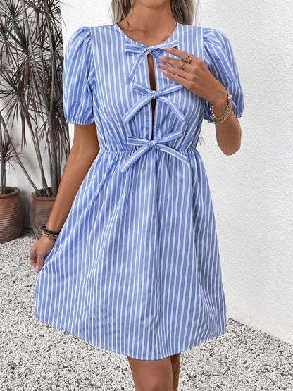 Striped Puff Sleeve A-Line Dress
