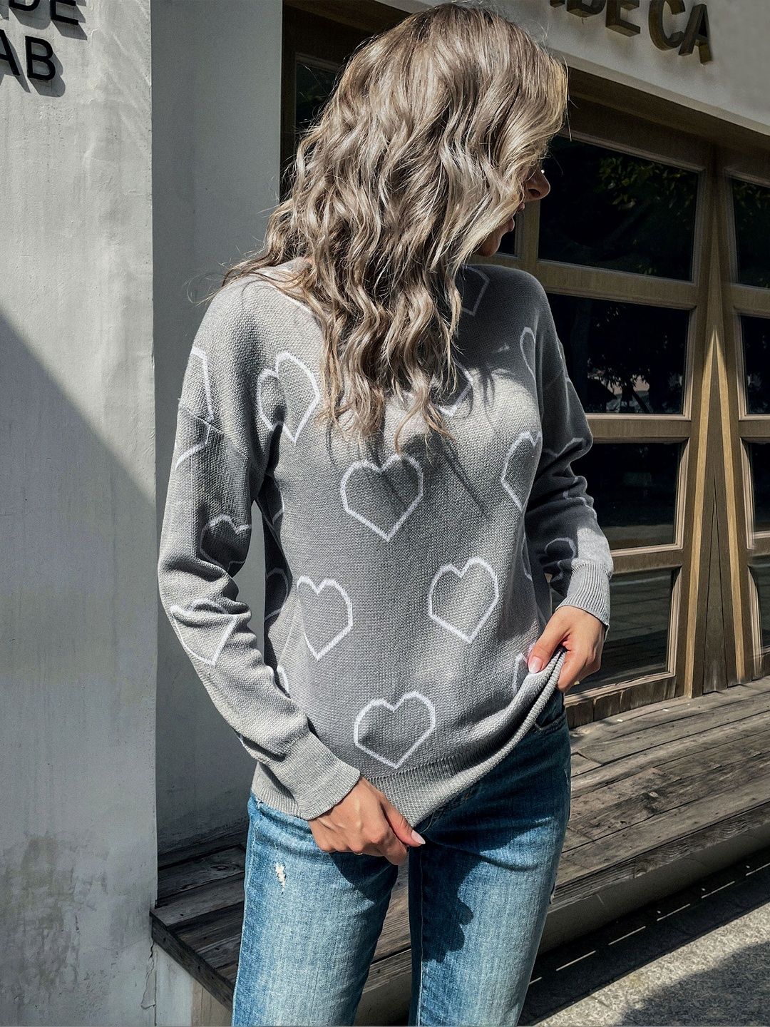 Women's Grey Printed Pullover Blend Regular Fit