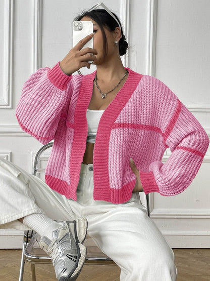 Women Colourblocked Crop Cardigan