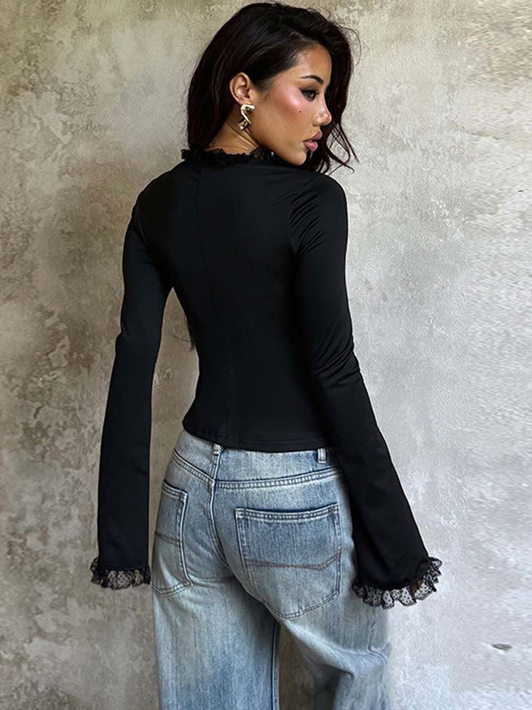Women's Black Flared Sleeve Ruffles Cotton Top