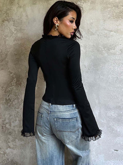 Women's Black Flared Sleeve Ruffles Cotton Top