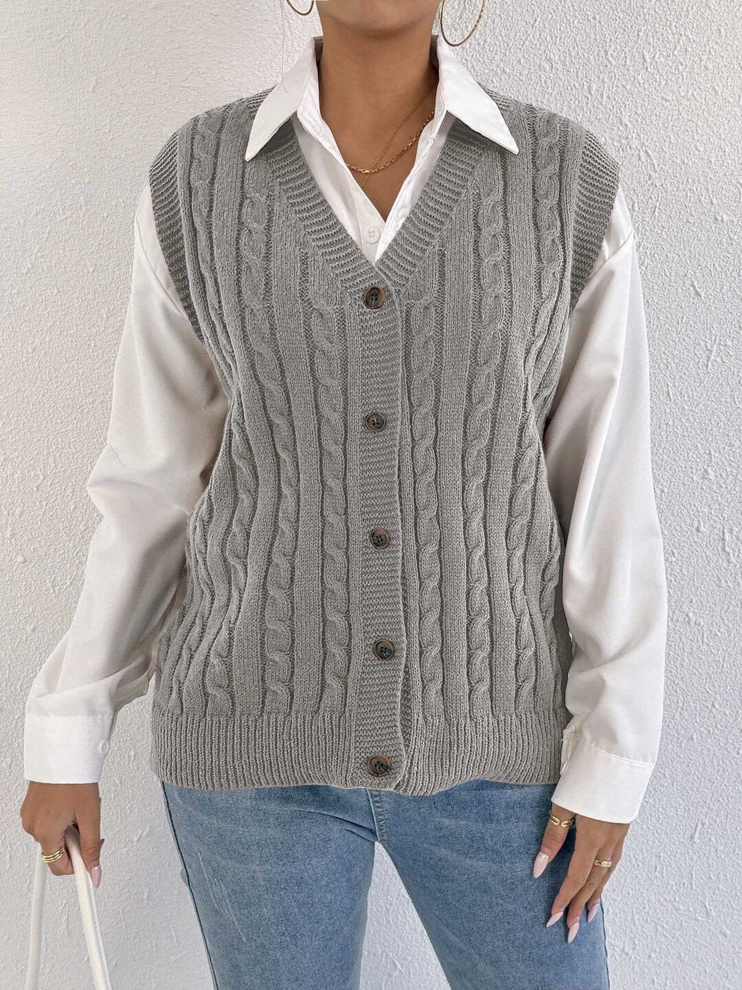 Women Cable Knit Ribbed Sweater Vest
