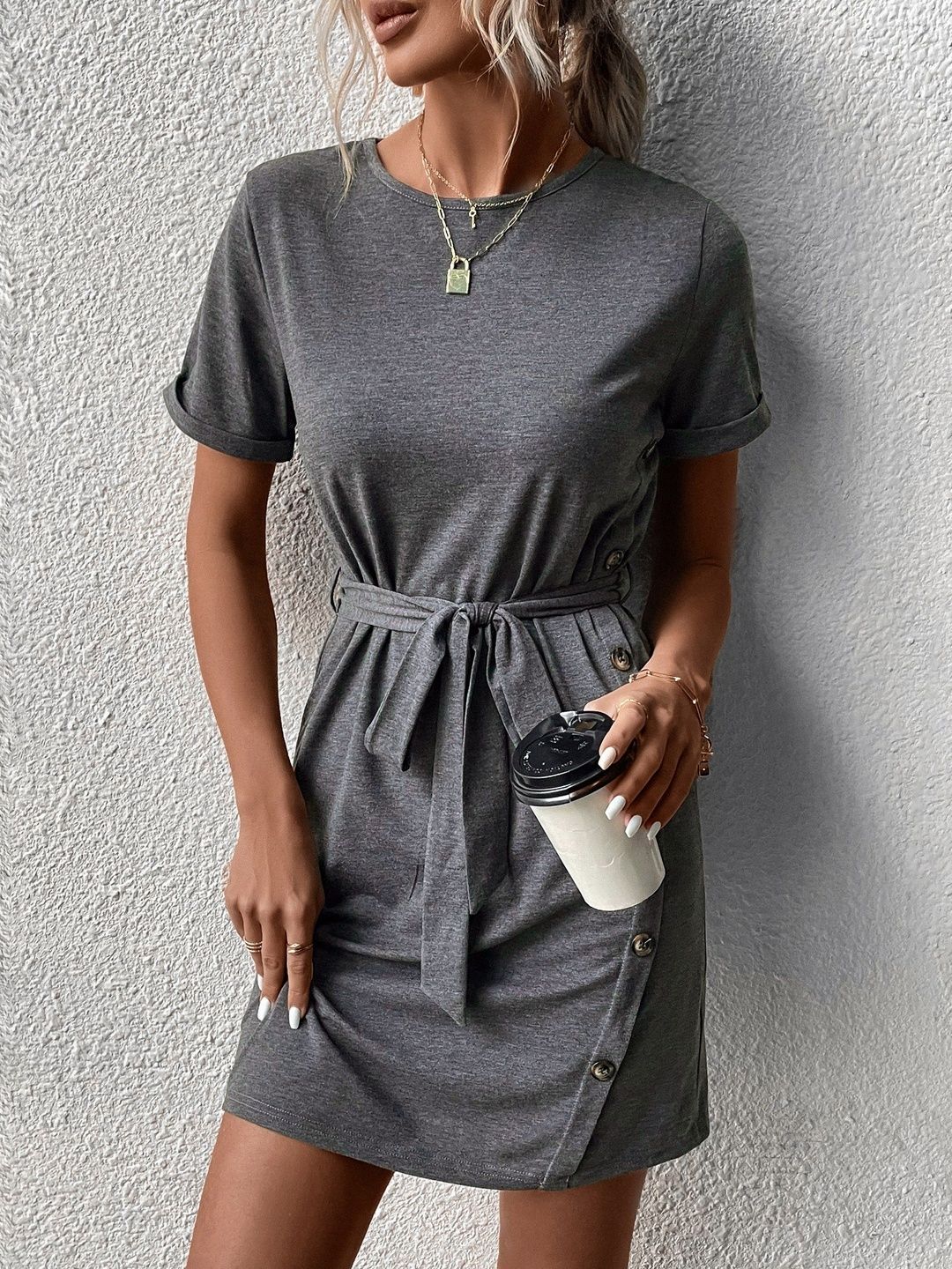 T-shirt Mini Dress in Grey cotton - Nowi Korean Fashion