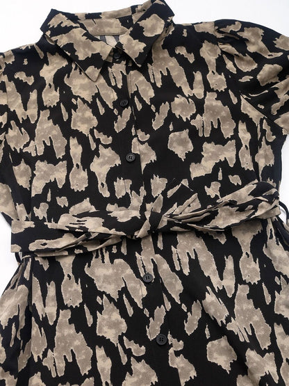 Women's Black Print Shirt Midi Dress Blend Printed