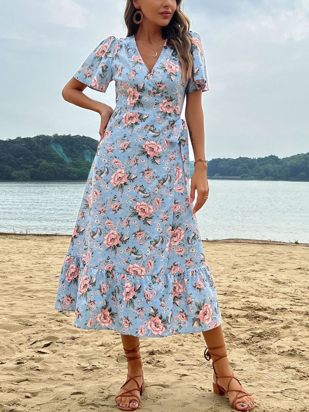 Floral Print Puff Sleeve Ruffled Midi Dress