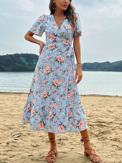 Floral Print Puff Sleeve Ruffled Midi Dress