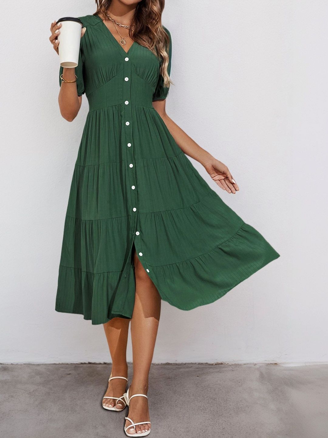Puff Sleeve Fit & Flare Midi Dress