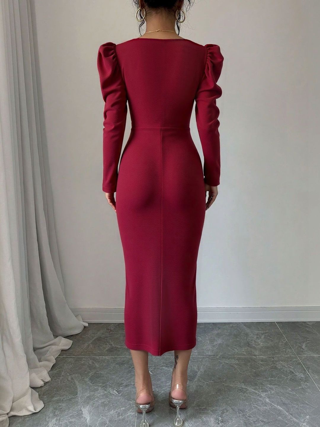 NOWI Puff Sleeve Sheath Midi Dress