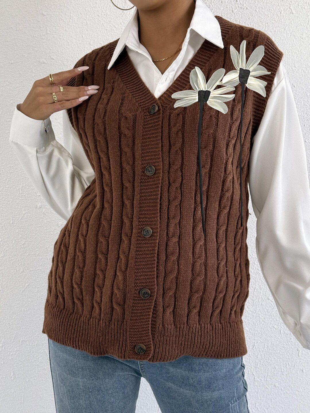 Women Cable Knit Sweater Vest with Embellished Detail