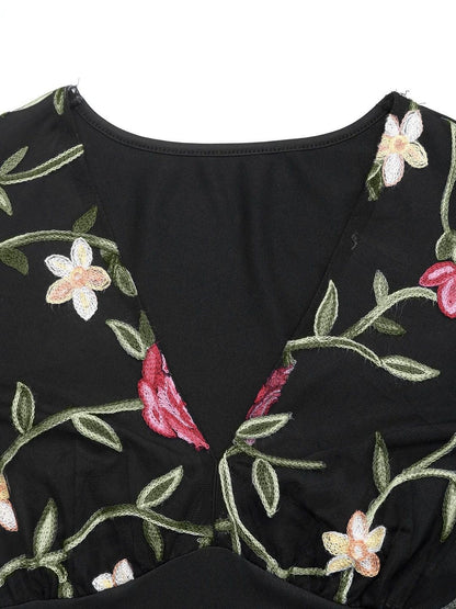 Women's Black Floral Embroidered Cotton Top